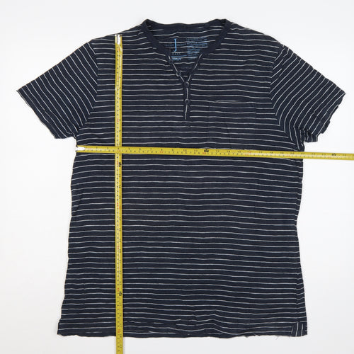 Jasper Conran Men’s Blue Striped Henley T-Shirt Size L Pocket