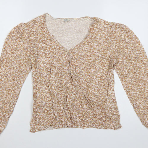 Fat Face Women Beige Floral Wrap Blouse UK 8 Long Balloon Sleeve