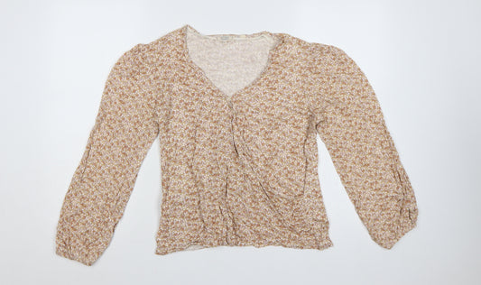 Fat Face Women Beige Floral Wrap Blouse UK 8 Long Balloon Sleeve