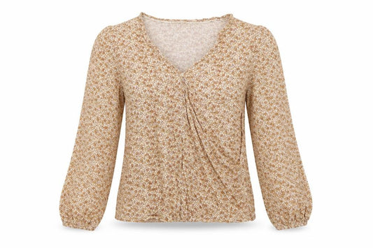 Front view of FatFace Women Beige Floral Wrap Blouse UK 8 Long Balloon Sleeve