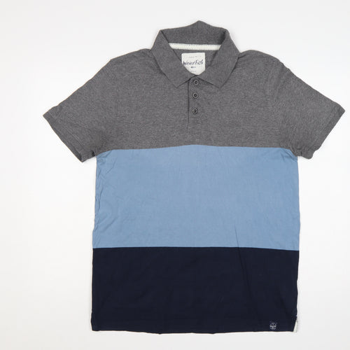 Weird Fish Men's Medium Grey Blue Colourblock Cotton Polo Shirt