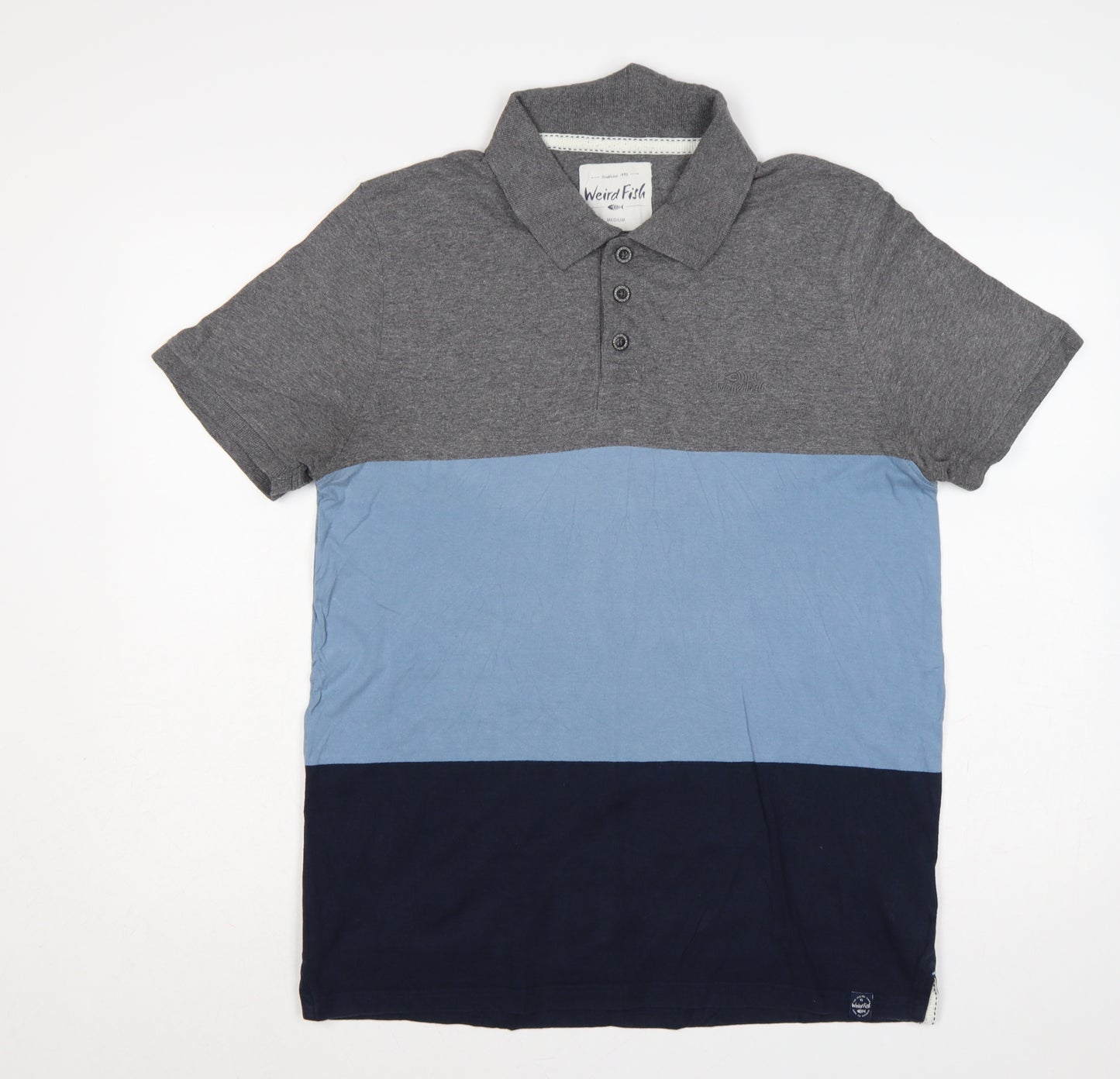 Weird Fish Men's Medium Grey Blue Colourblock Cotton Polo Shirt