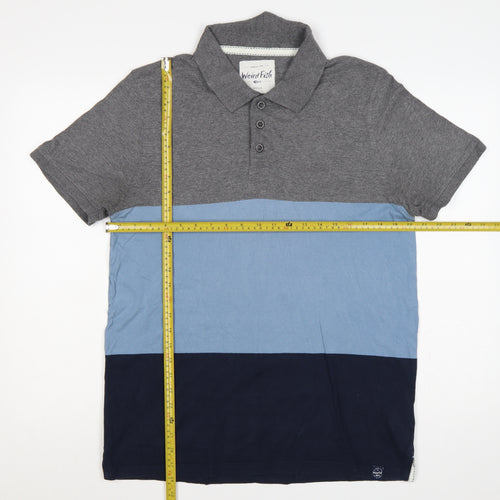 Weird Fish Men's Medium Grey Blue Colourblock Cotton Polo Shirt