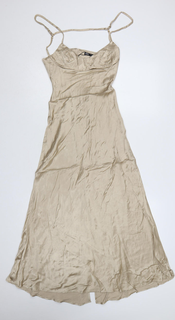 Zara Women Beige UK 8 Long Slip Dress Adjustable Strappy Backless