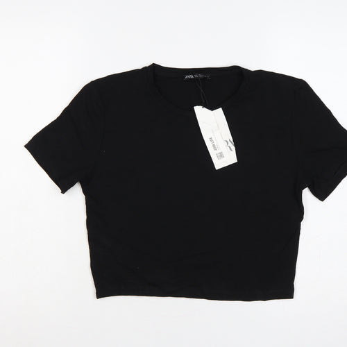 Zara Women Black UK 14 Cropped Stretch Jersey T-Shirt