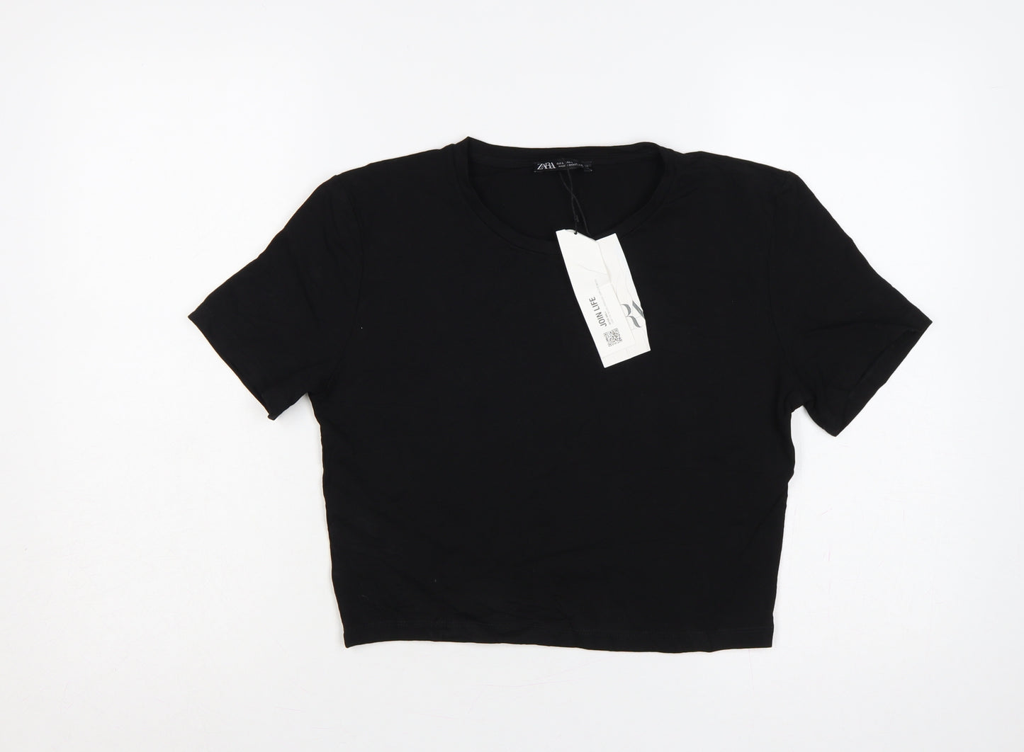 Zara Women Black UK 14 Cropped Stretch Jersey T-Shirt