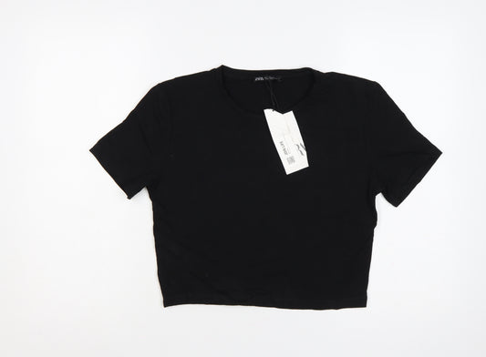 Zara Women Black UK 14 Cropped Stretch Jersey T-Shirt