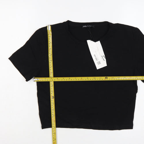 Zara Women Black UK 14 Cropped Stretch Jersey T-Shirt