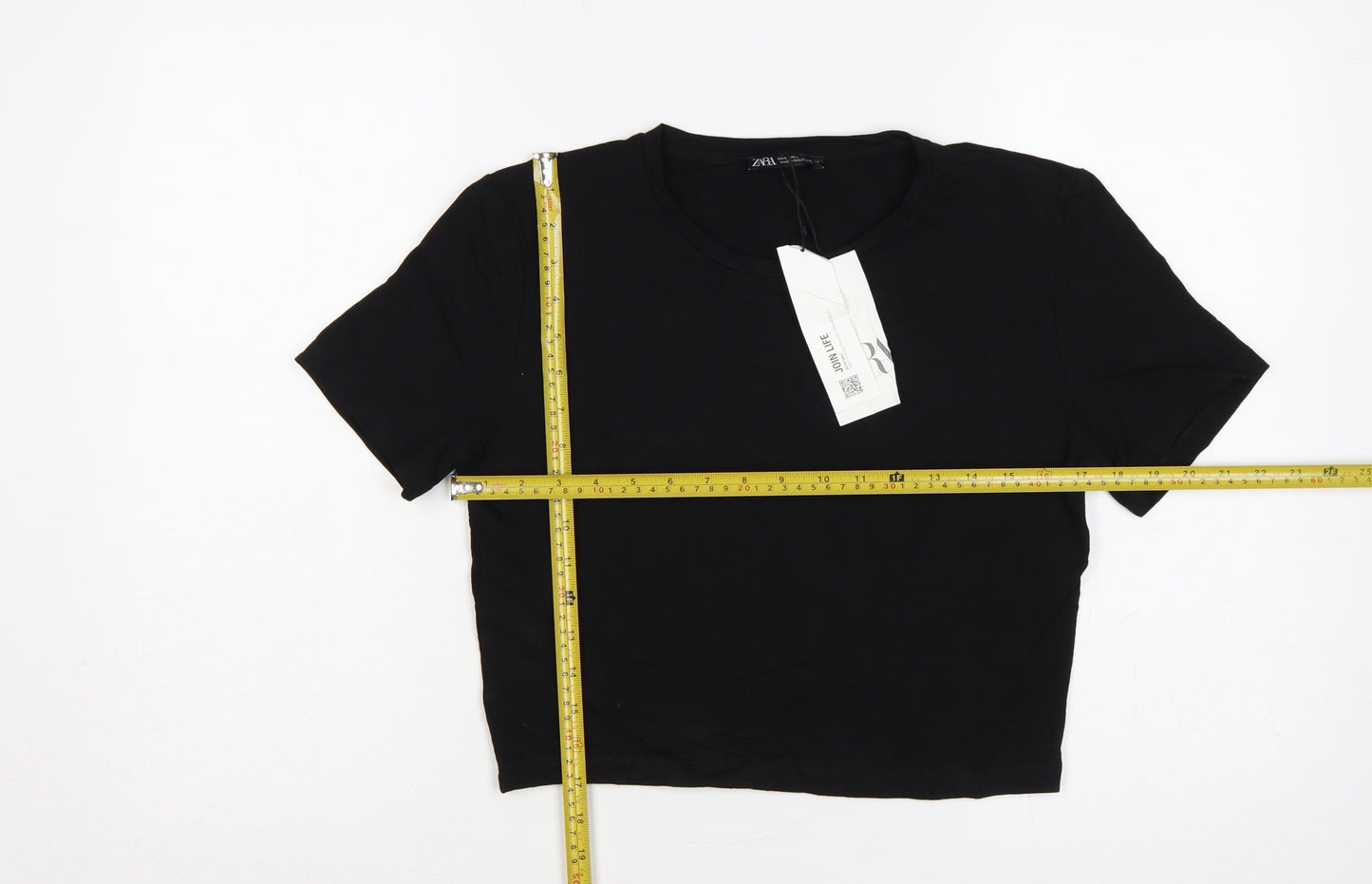Zara Women Black UK 14 Cropped Stretch Jersey T-Shirt