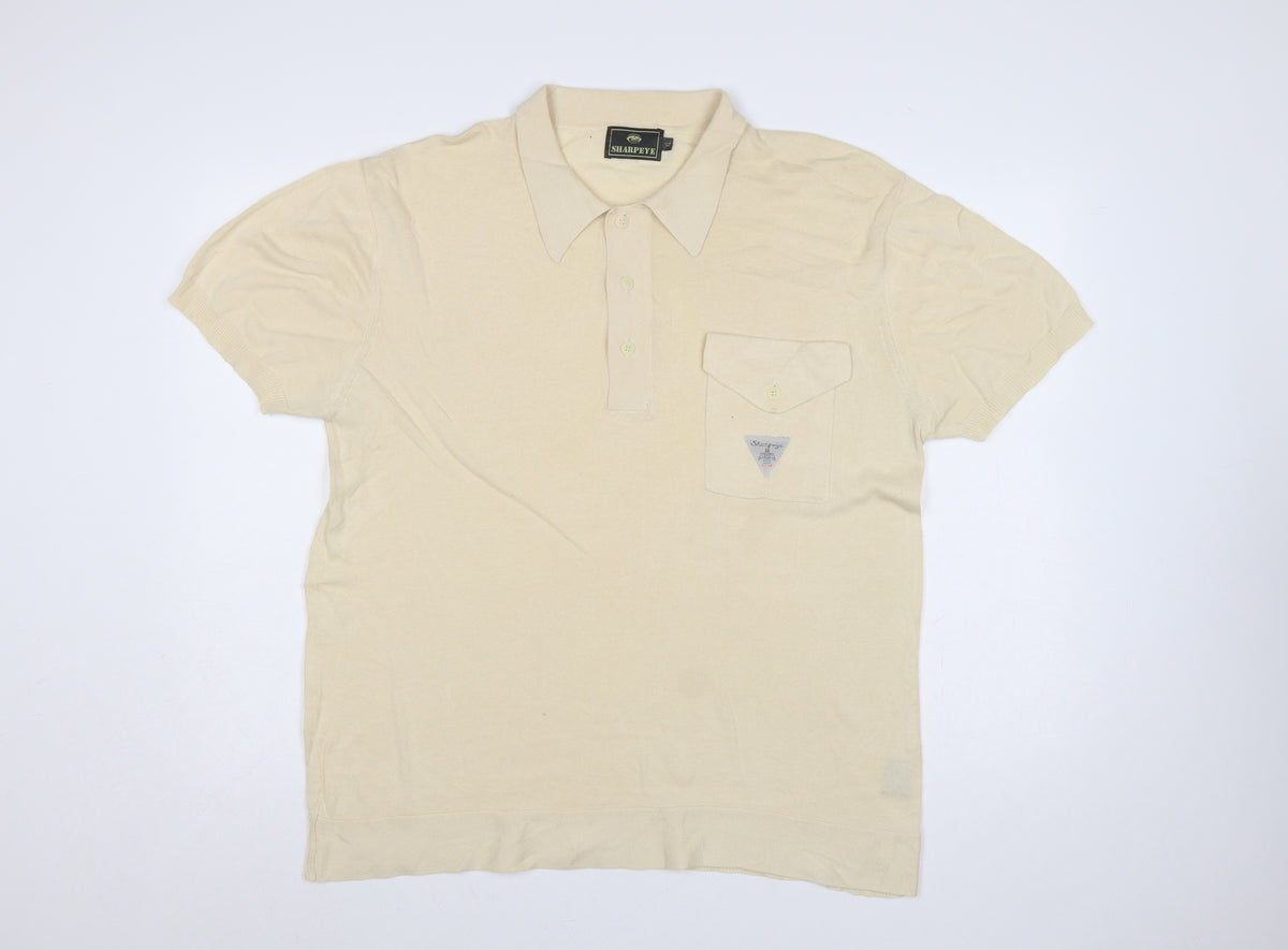 Sharpeye Men's Ivory Cotton Knit Polo Shirt XL Pocket Short Sleeve