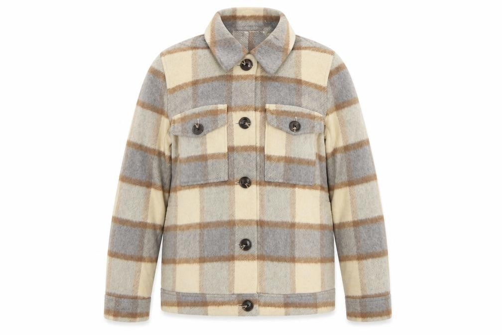 Front view of Charcoal & Chalk Women's Grey Check Basic Jacket UK 12 Button Pockets