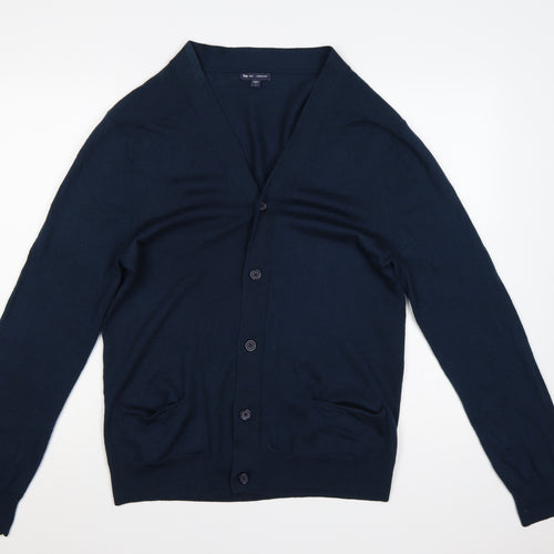 Gap Mens Blue Merino Wool L V-Neck Button Cardigan Pockets