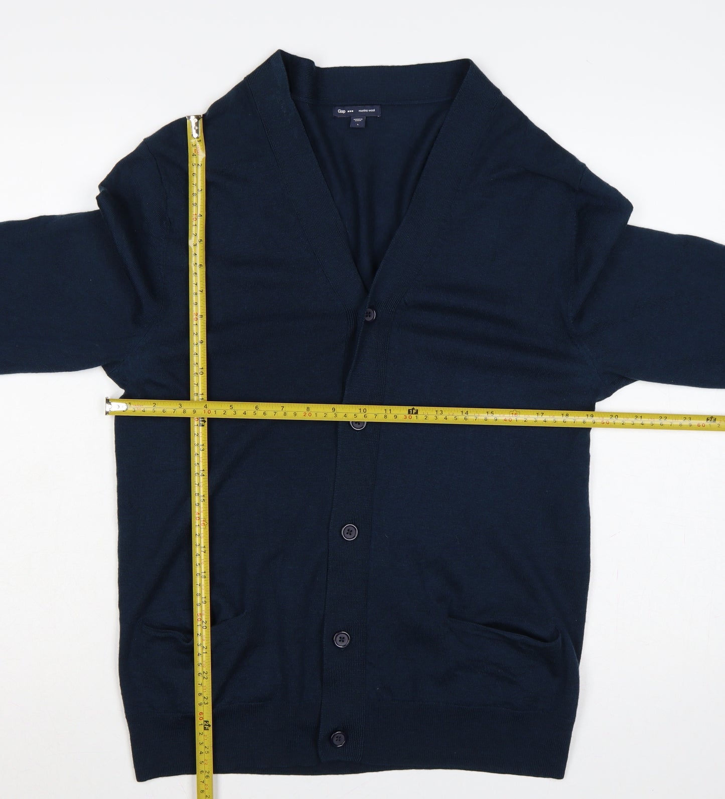 Gap Mens Blue Merino Wool L V-Neck Button Cardigan Pockets