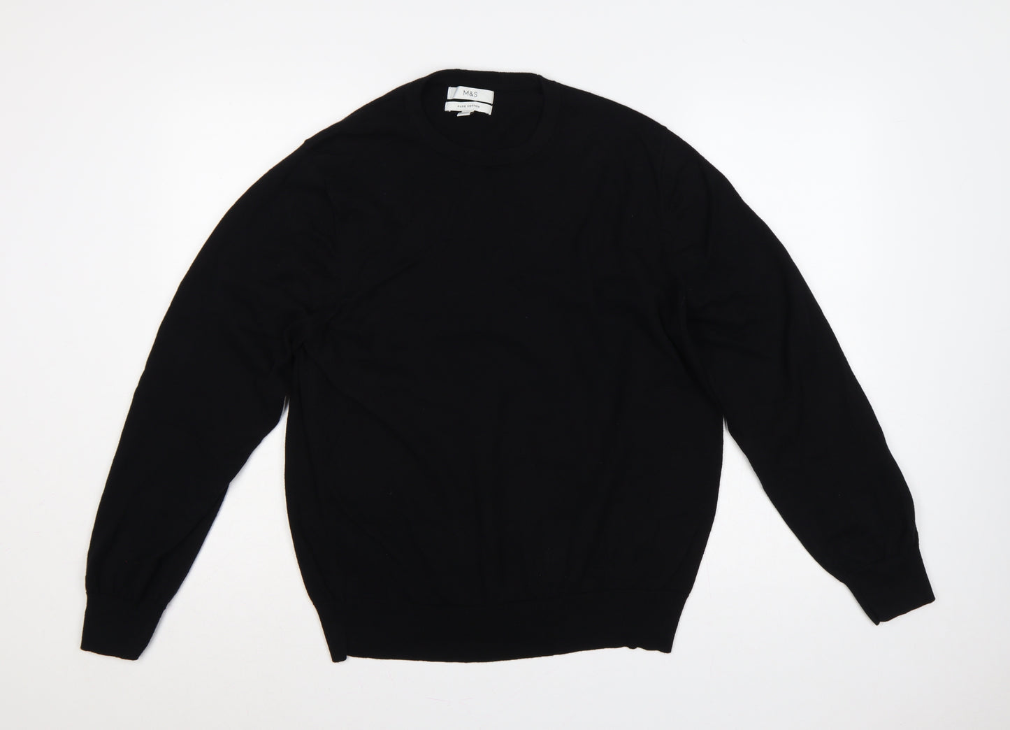 Marks and Spencer Men Black L Regular Pure Cotton Crew Neck Pullover Jumper
