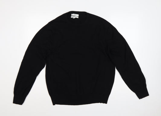 Marks and Spencer Men Black L Regular Pure Cotton Crew Neck Pullover Jumper