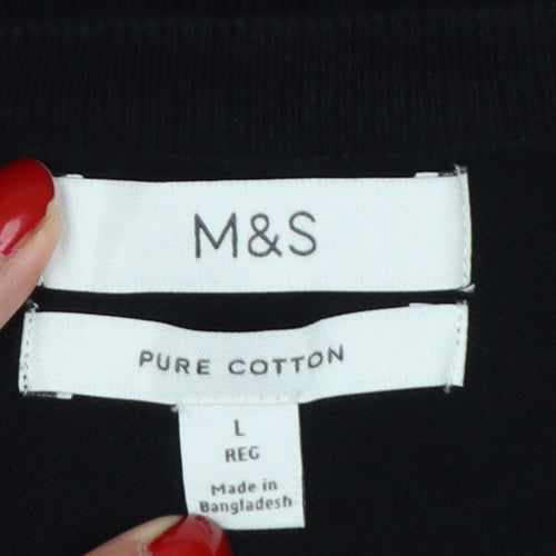 Marks and Spencer Men Black L Regular Pure Cotton Crew Neck Pullover Jumper
