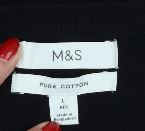Marks and Spencer Men Black L Regular Pure Cotton Crew Neck Pullover Jumper