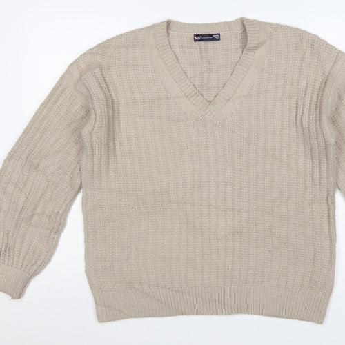 Marks and Spencer Women Beige M V-Neck Rib Knit Pullover Jumper