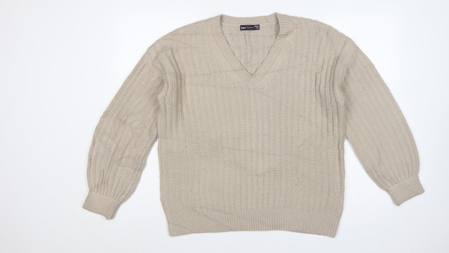 Marks and Spencer Women Beige M V-Neck Rib Knit Pullover Jumper