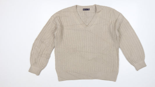 Marks and Spencer Women Beige M V-Neck Rib Knit Pullover Jumper