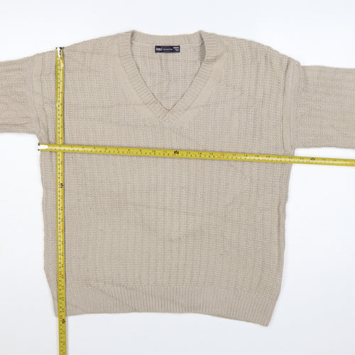 Marks and Spencer Women Beige M V-Neck Rib Knit Pullover Jumper