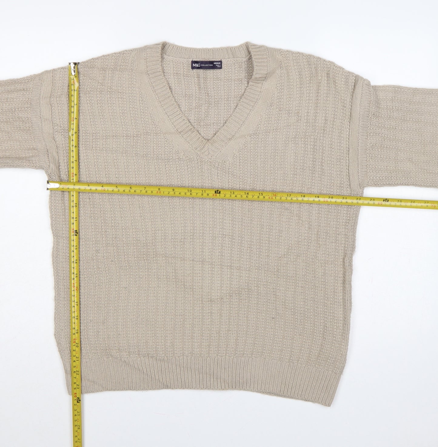 Marks and Spencer Women Beige M V-Neck Rib Knit Pullover Jumper