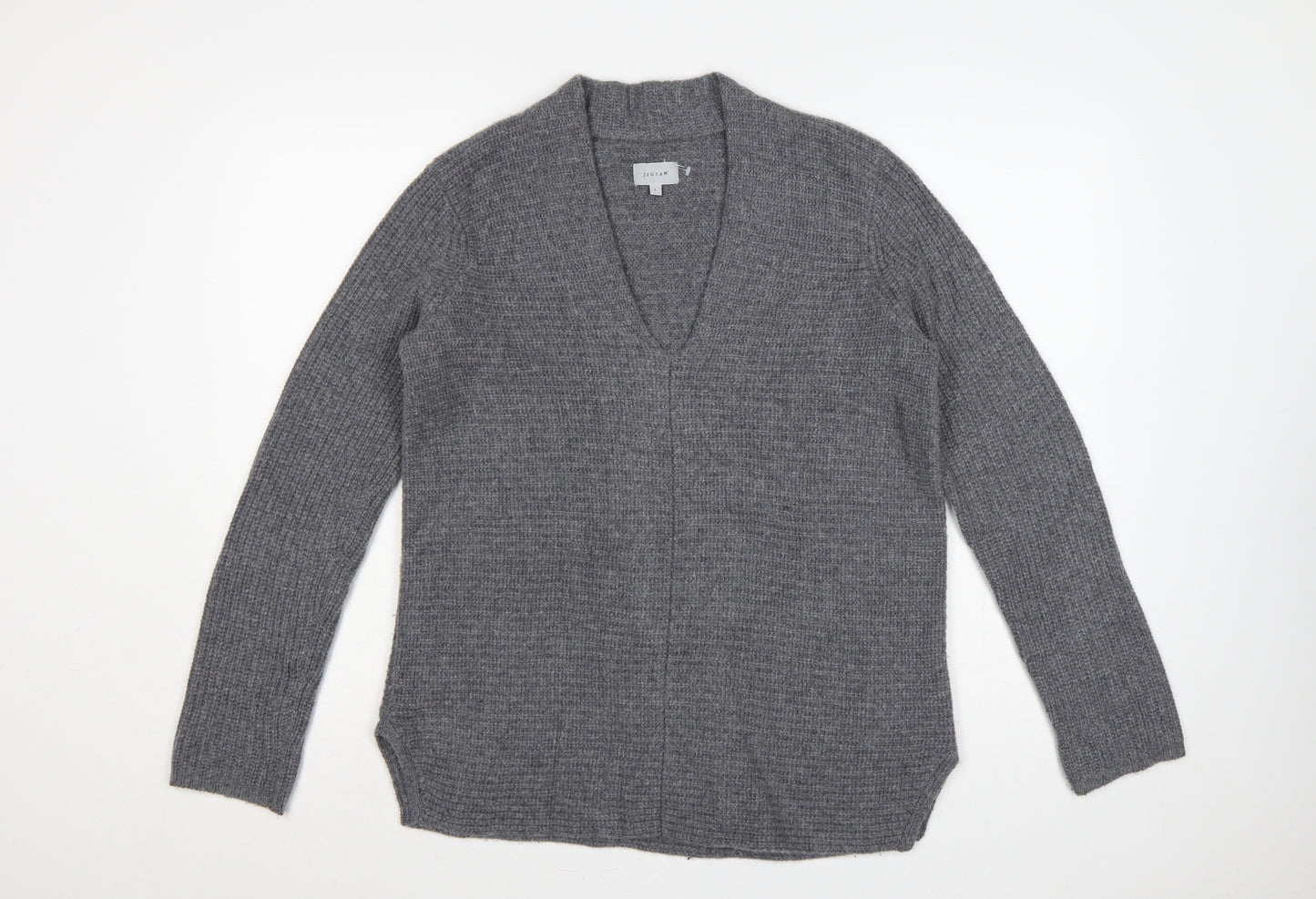 Jigsaw Women’s Grey Cashmere Wool Open Cardigan Size 14 V-Neck Knit