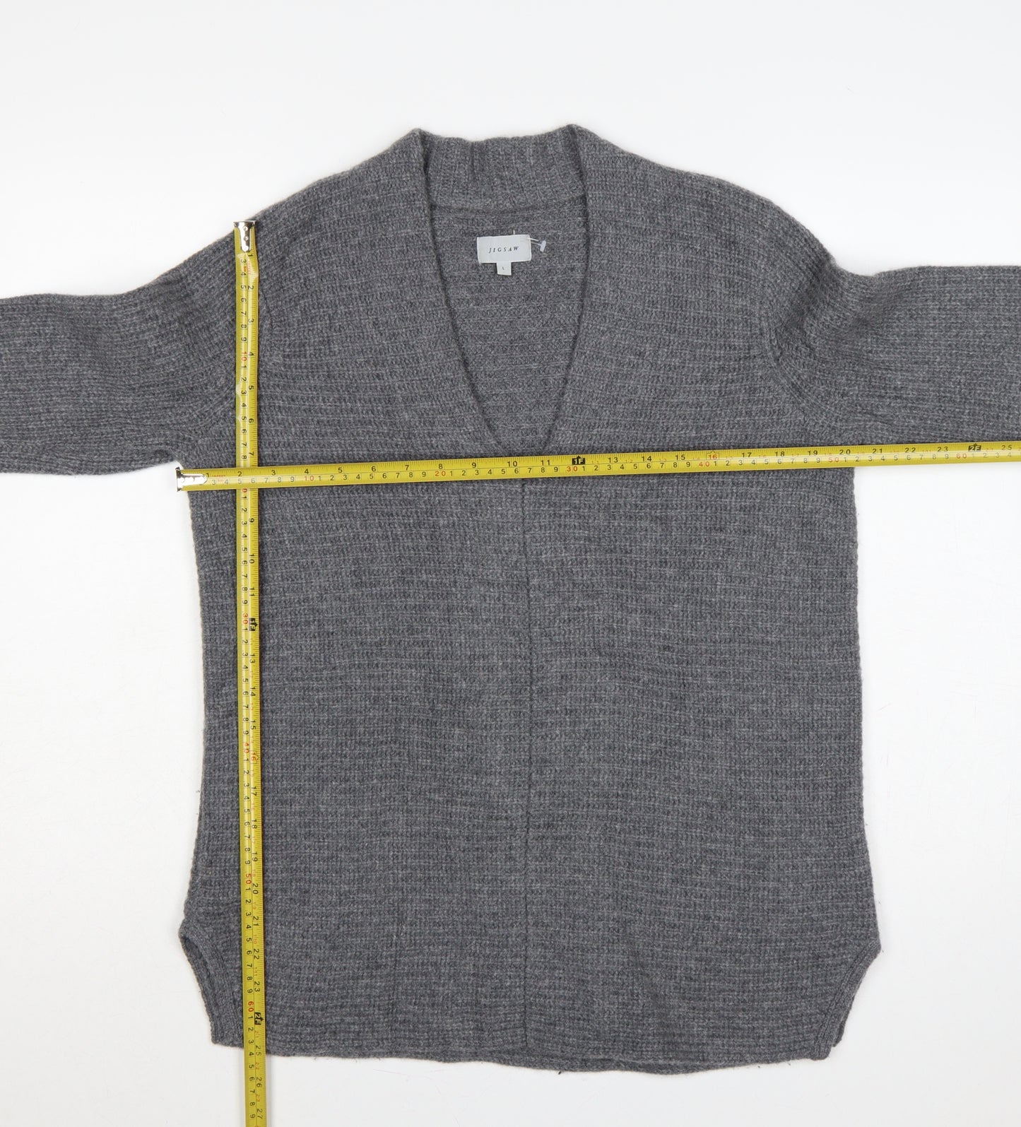 Jigsaw Women’s Grey Cashmere Wool Open Cardigan Size 14 V-Neck Knit