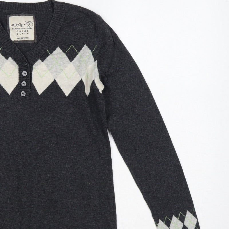 Esprit Women’s Grey Argyle Henley V-Neck Knit Jumper Size S