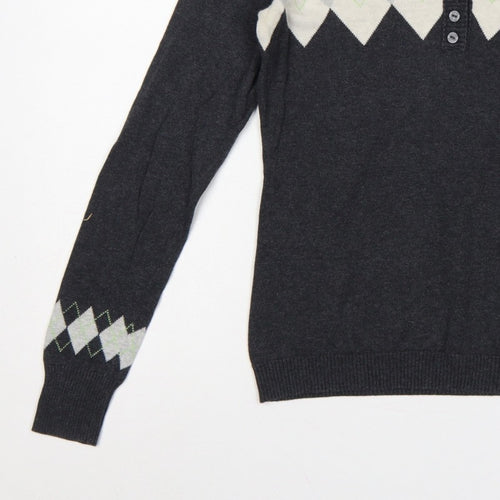 Esprit Women’s Grey Argyle Henley V-Neck Knit Jumper Size S
