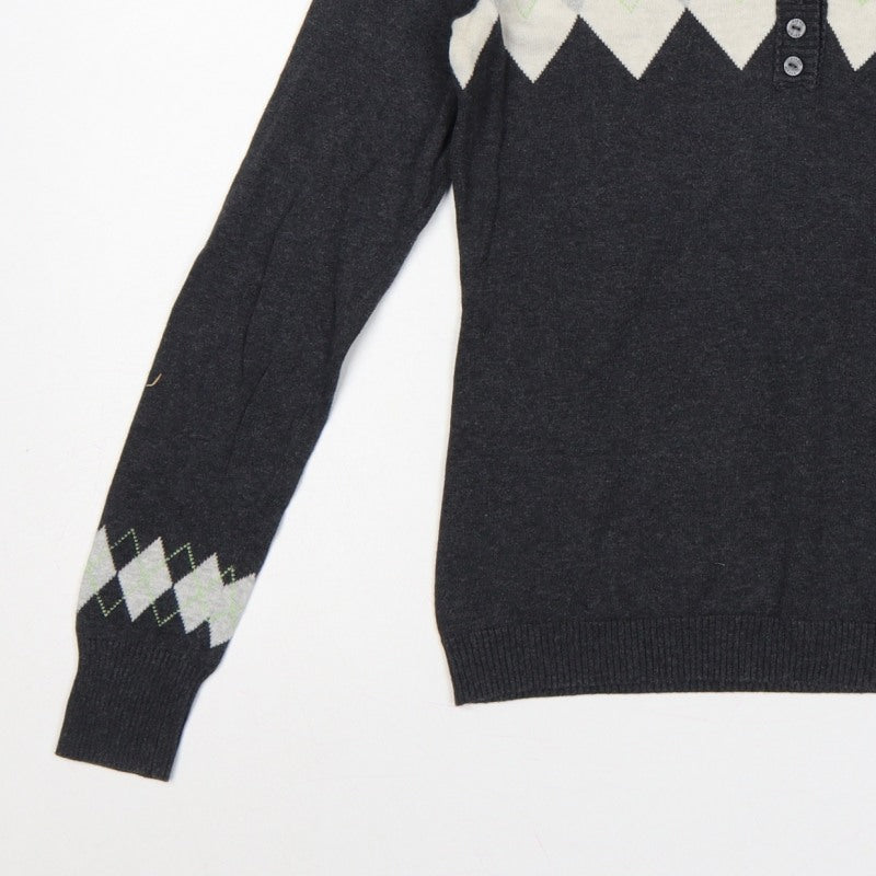 Esprit Women’s Grey Argyle Henley V-Neck Knit Jumper Size S
