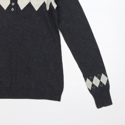 Esprit Women’s Grey Argyle Henley V-Neck Knit Jumper Size S