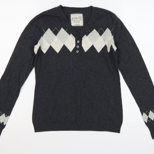 Esprit Women’s Grey Argyle Henley V-Neck Knit Jumper Size S