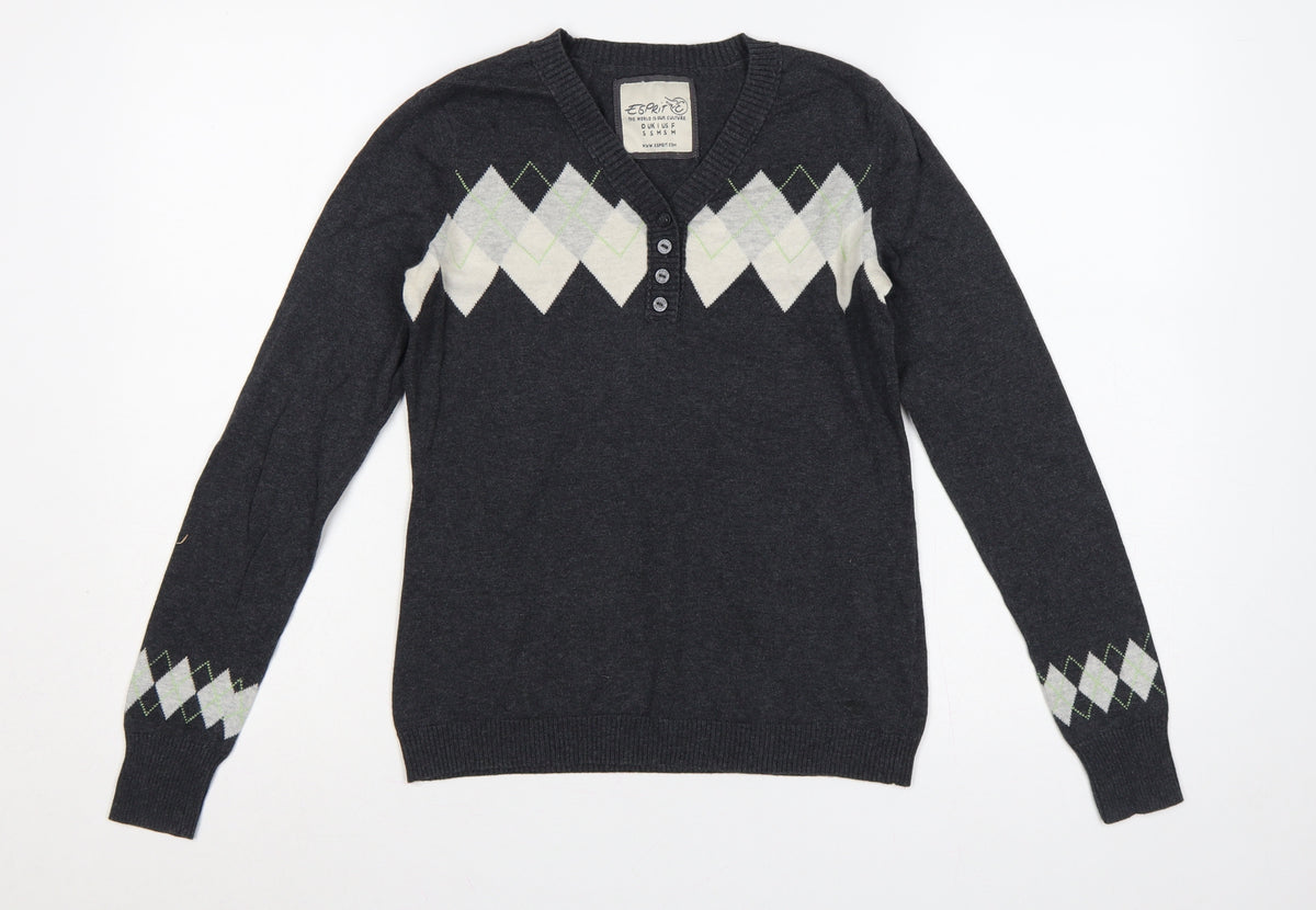 Esprit Women’s Grey Argyle Henley V-Neck Knit Jumper Size S