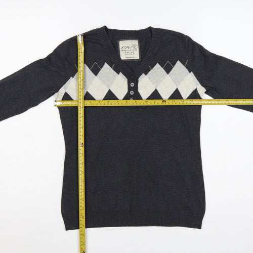 Esprit Women’s Grey Argyle Henley V-Neck Knit Jumper Size S