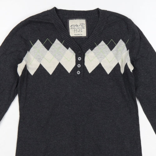 Esprit Women’s Grey Argyle Henley V-Neck Knit Jumper Size S