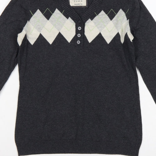 Esprit Women’s Grey Argyle Henley V-Neck Knit Jumper Size S