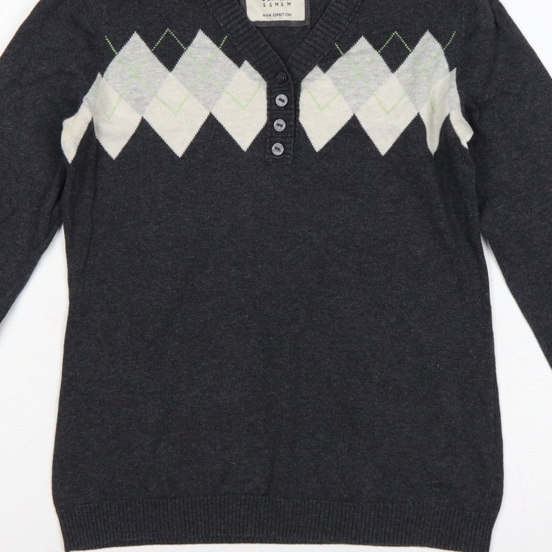 Esprit Women’s Grey Argyle Henley V-Neck Knit Jumper Size S