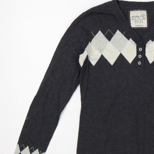 Esprit Women’s Grey Argyle Henley V-Neck Knit Jumper Size S