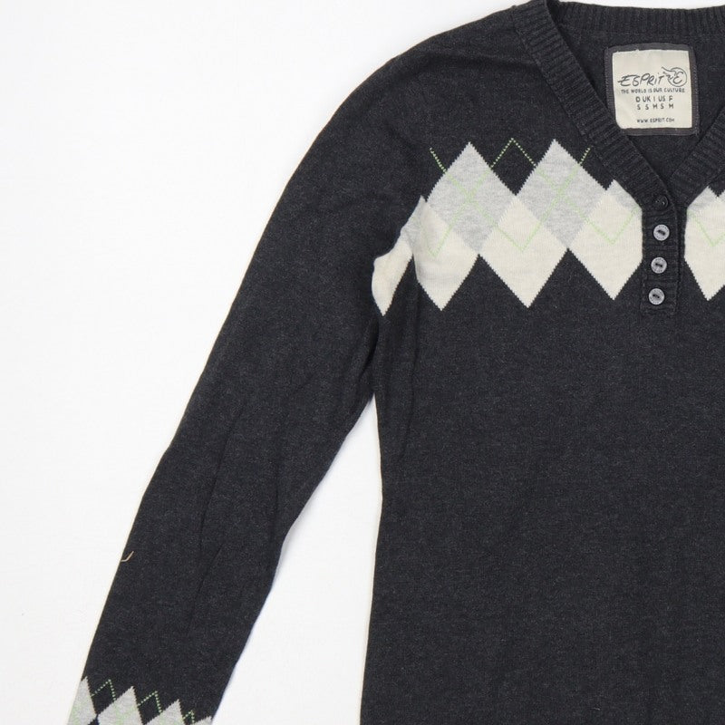Esprit Women’s Grey Argyle Henley V-Neck Knit Jumper Size S