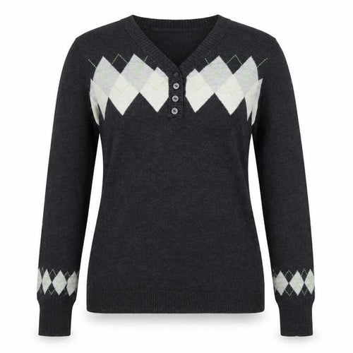 Esprit Women’s Grey Argyle Henley V-Neck Knit Jumper Size S