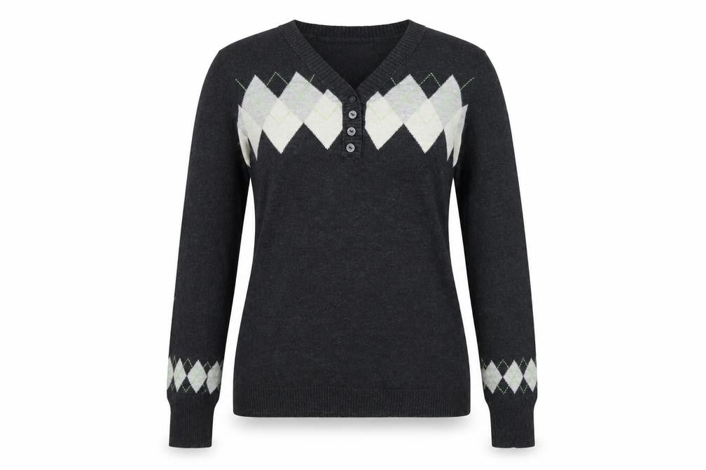 Esprit Women’s Grey Argyle Henley V-Neck Knit Jumper Size S