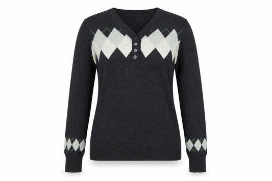 Esprit Women’s Grey Argyle Henley V-Neck Knit Jumper Size S