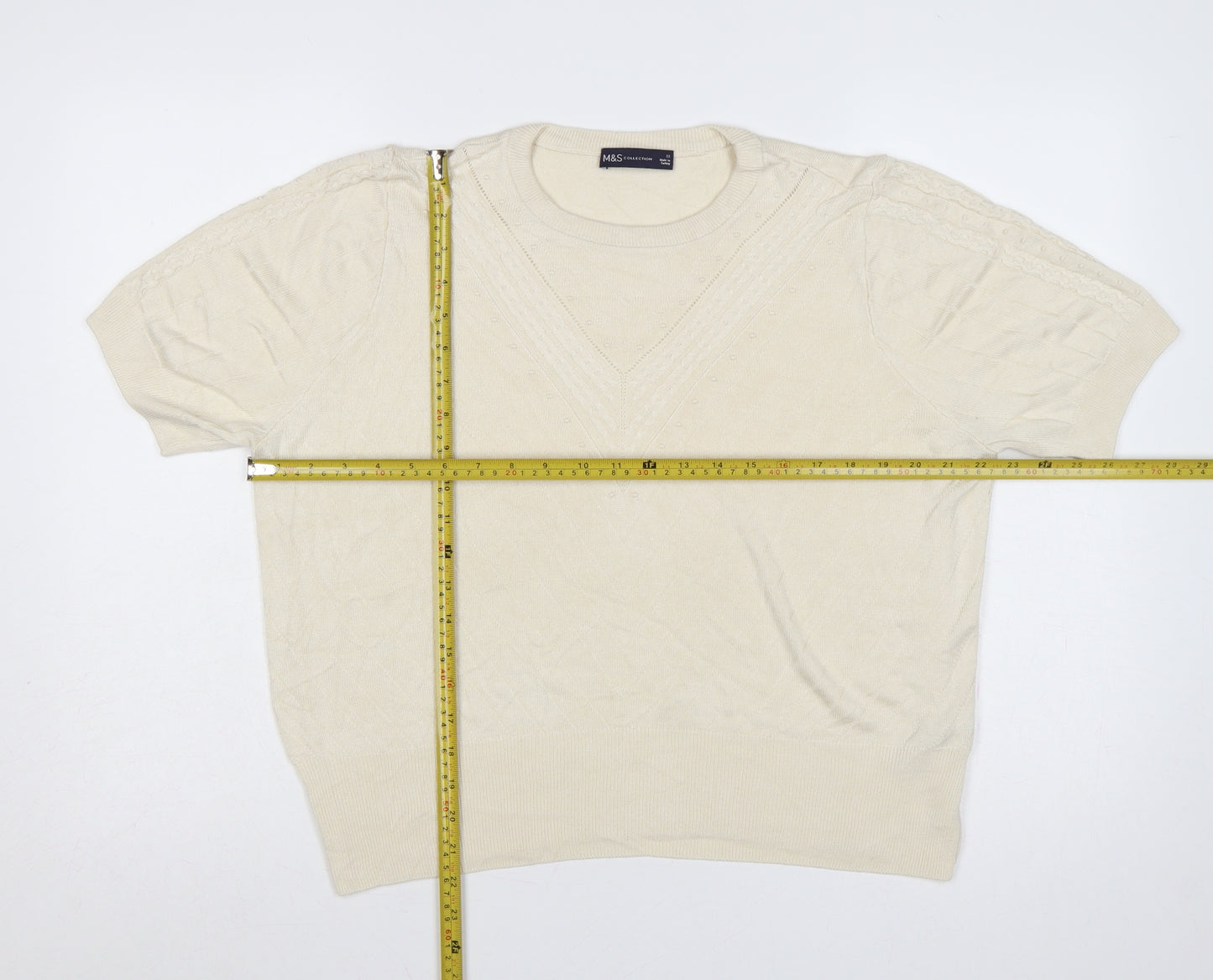 Marks & Spencer Women Ivory Size 22 Cable Knit Short Sleeve Jumper