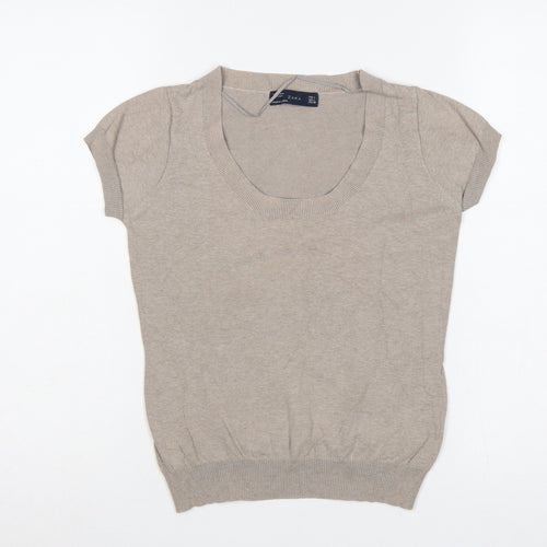 Zara Women Beige UK 14 Short Sleeve Scoop Neck Cotton Knit Jumper