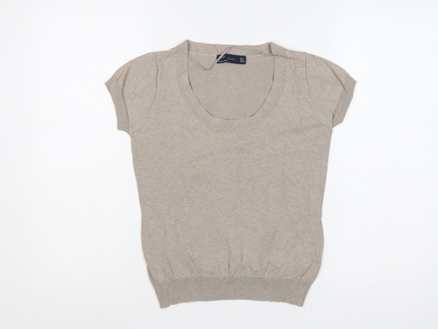Zara Women Beige UK 14 Short Sleeve Scoop Neck Cotton Knit Jumper