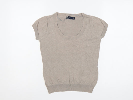 Zara Women Beige UK 14 Short Sleeve Scoop Neck Cotton Knit Jumper