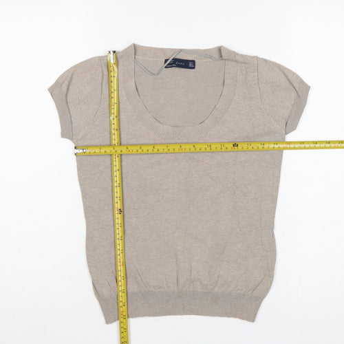 Zara Women Beige UK 14 Short Sleeve Scoop Neck Cotton Knit Jumper
