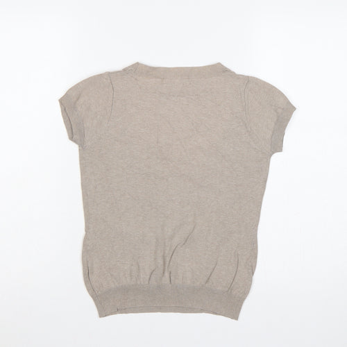 Zara Women Beige UK 14 Short Sleeve Scoop Neck Cotton Knit Jumper