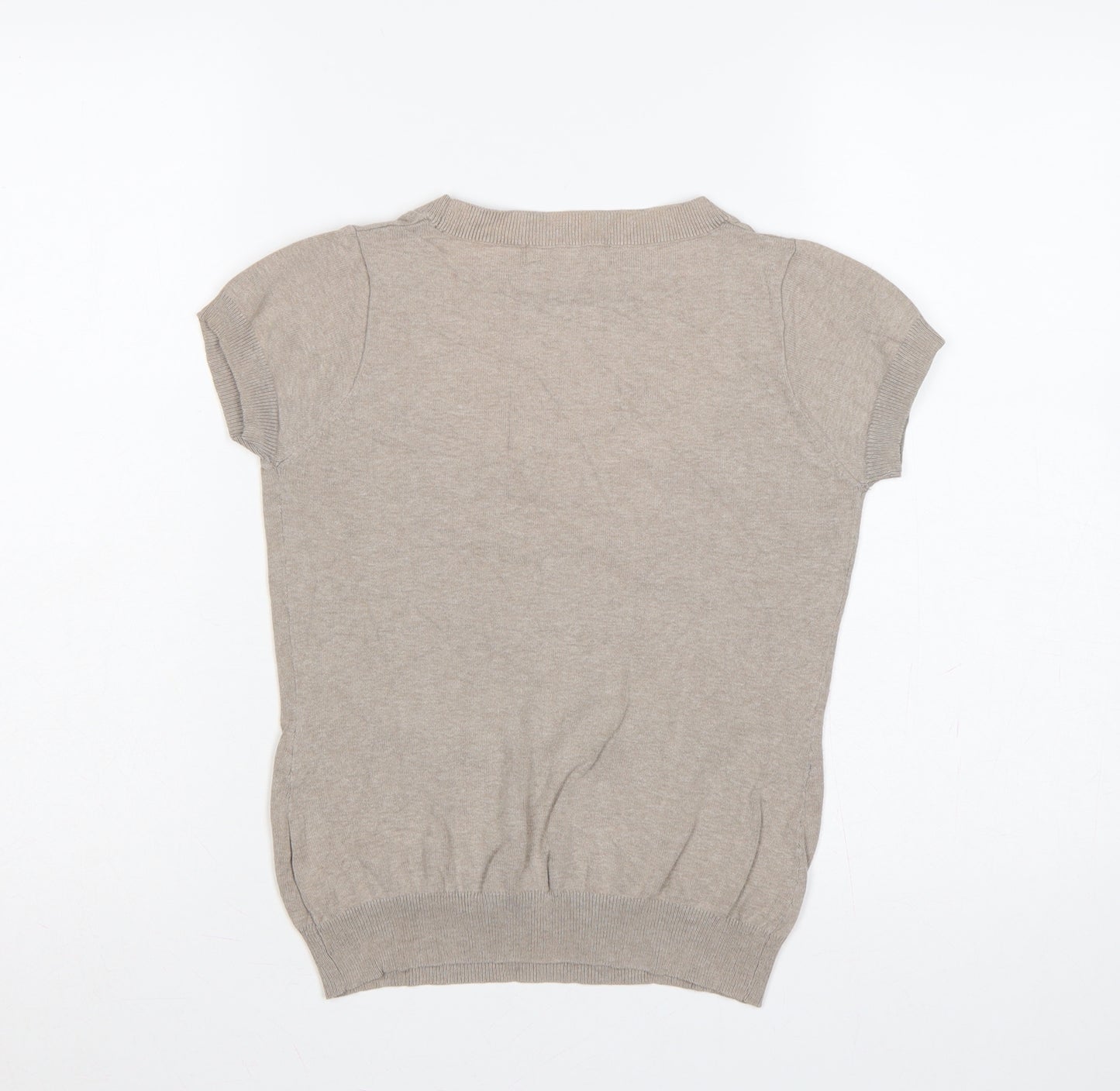 Zara Women Beige UK 14 Short Sleeve Scoop Neck Cotton Knit Jumper